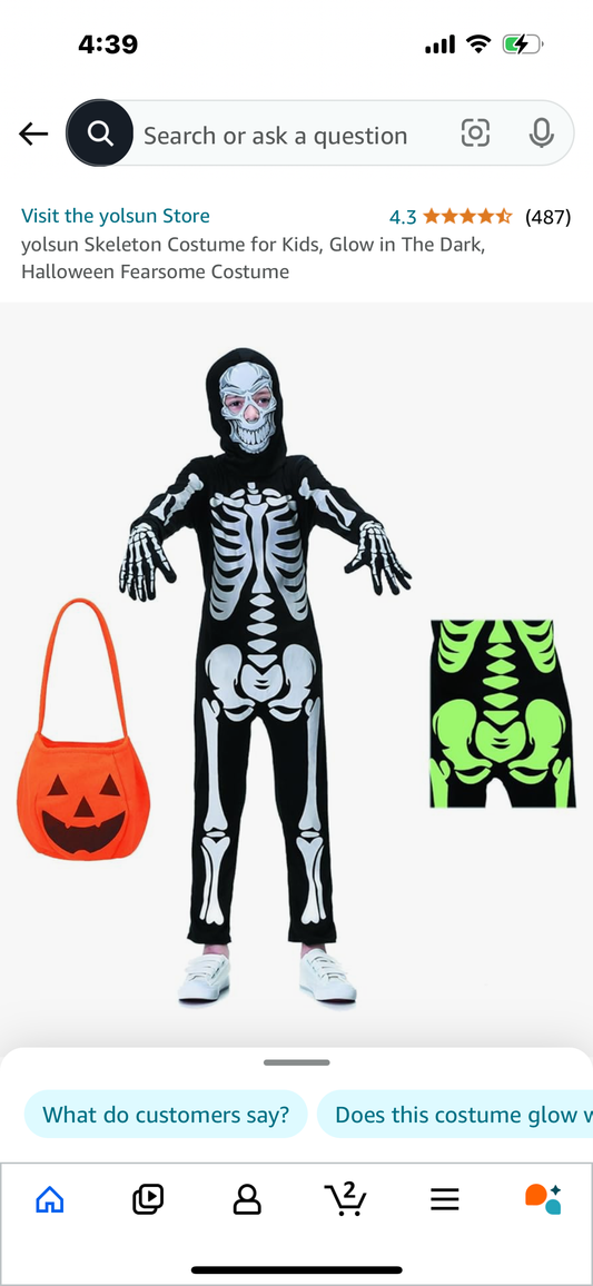 yolsun Skeleton Costume for Kids, Glow in The Dark, Halloween Fearsome Costume