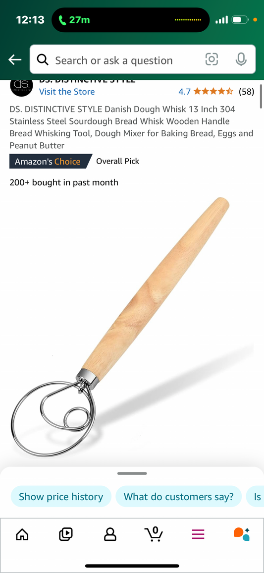 DS. DISTINCTIVE STYLE Danish Dough Whisk 13 Inch 304 Stainless Steel Sourdough Bread Whisk Wooden Handle Bread Whisking Tool, Dough Mixer for Baking Bread, Eggs and Peanut Butter