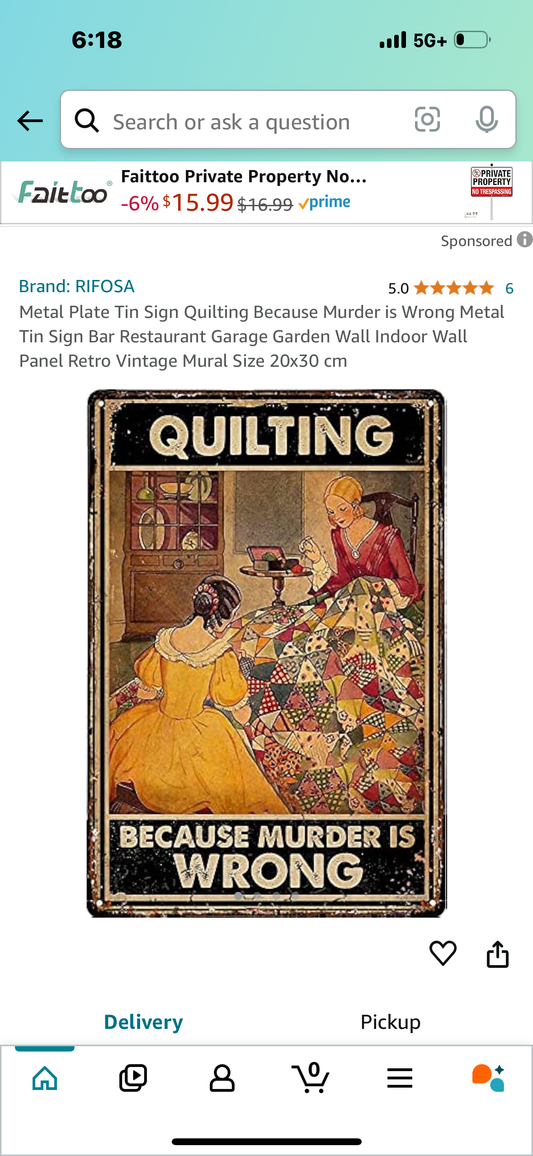 Metal Plate Tin Sign Quilting Because Murder is Wrong Metal Tin Sign Bar Restaurant Garage Garden Wall Indoor Wall Panel Retro Vintage Mural Size 20x30 cm