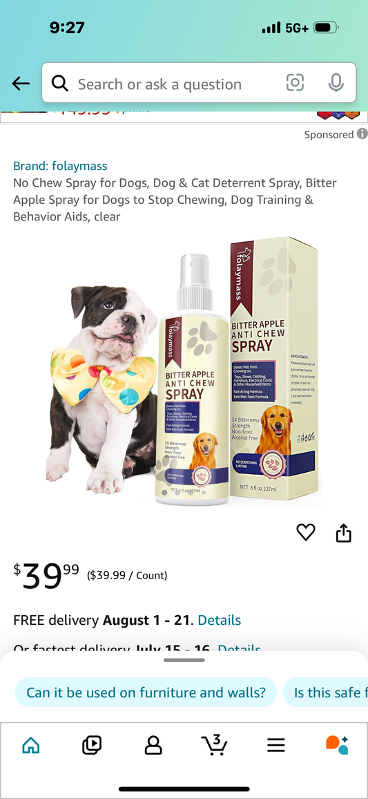 No Chew Spray for Dogs, Dog & Cat Deterrent Spray, Bitter Apple Spray for Dogs to Stop Chewing, Dog Training & Behavior Aids, clear