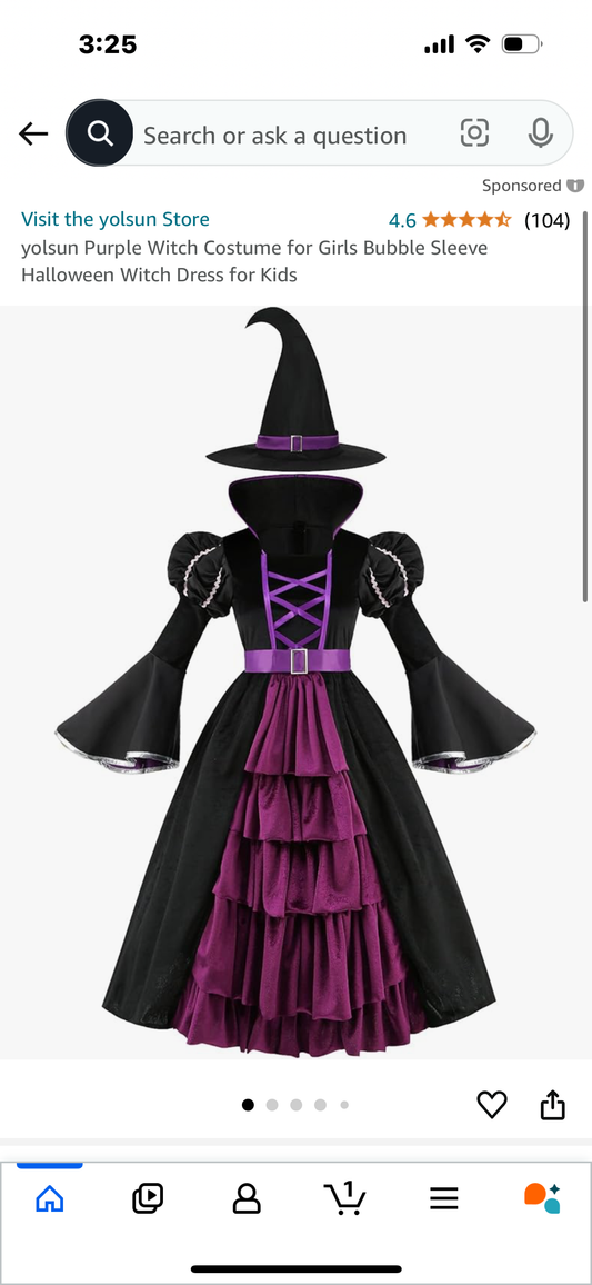 yolsun Purple Witch Costume for Girls Bubble Sleeve Halloween Witch Dress for Kids