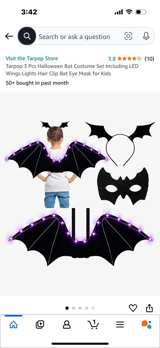 Tarpop 3 Pcs Halloween Bat Costume Set Including LED Wings Lights Hair Clip Bat Eye Mask for Kids