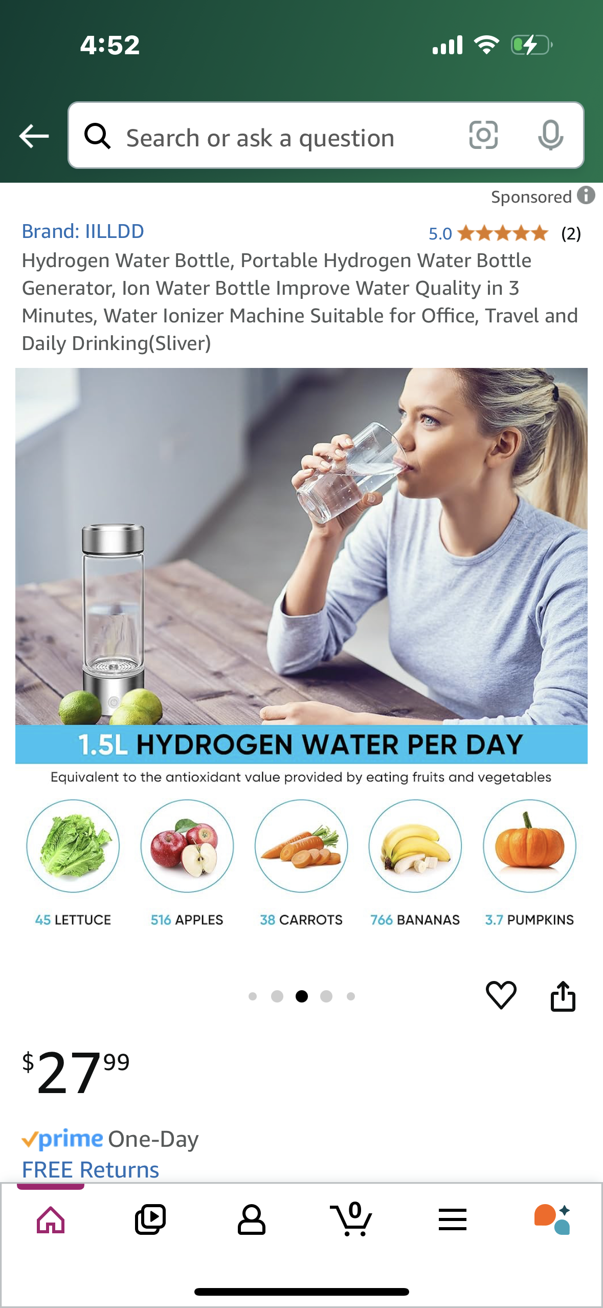 Hydrogen Water Bottle, Portable Hydrogen Water Bottle Generator, Ion Water Bottle Improve Water Quality in 3 Minutes, Water Ionizer Machine Suitable for Office, Travel and Daily Drinking(Sliver)