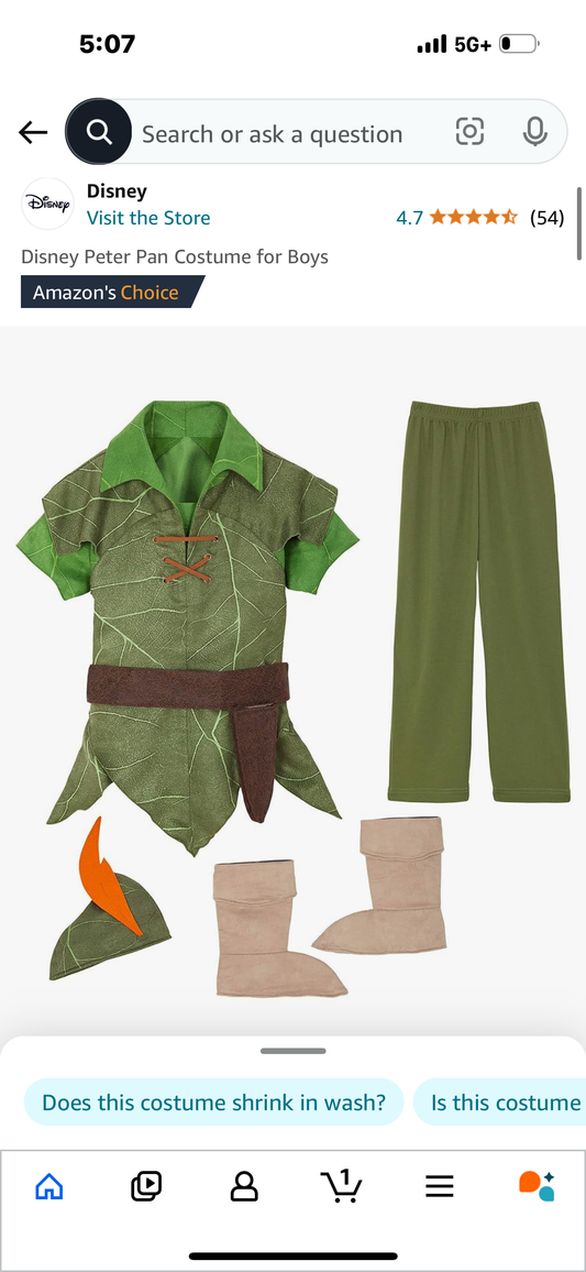 Disney Peter Pan Costume for Boys - Size 5-6