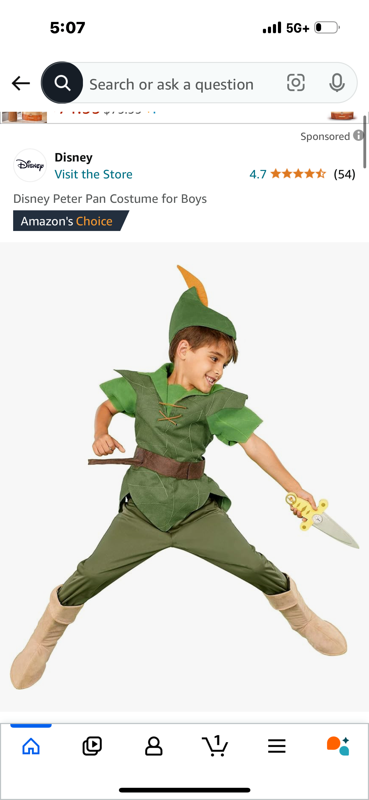 Disney Peter Pan Costume for Boys - Size 5-6