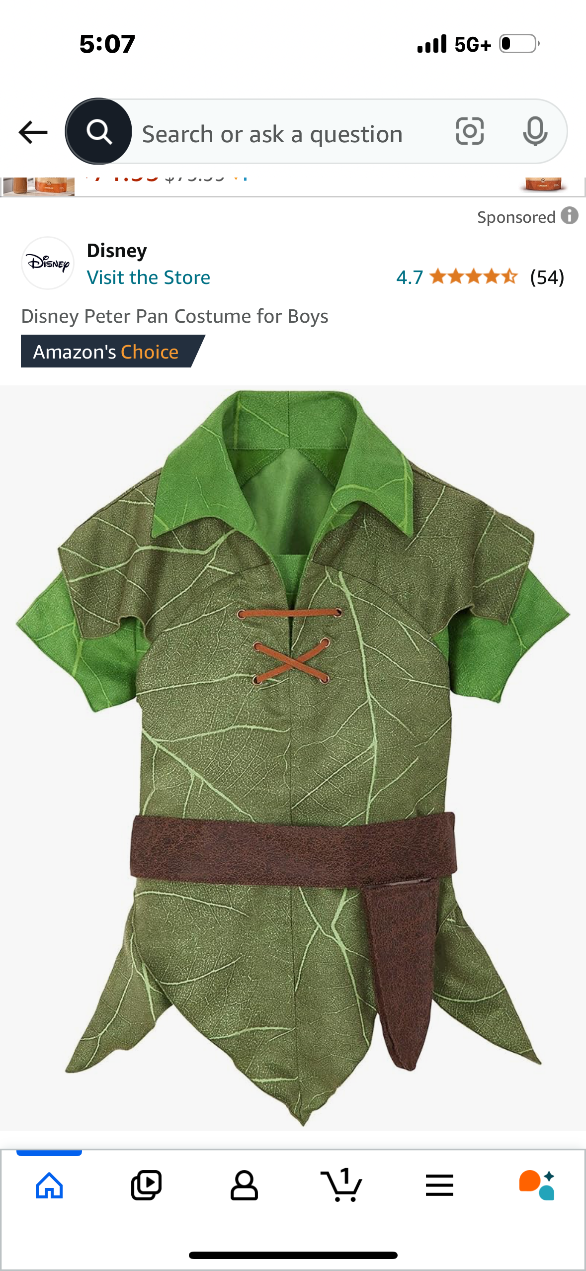 Disney Peter Pan Costume for Boys - Size 5-6