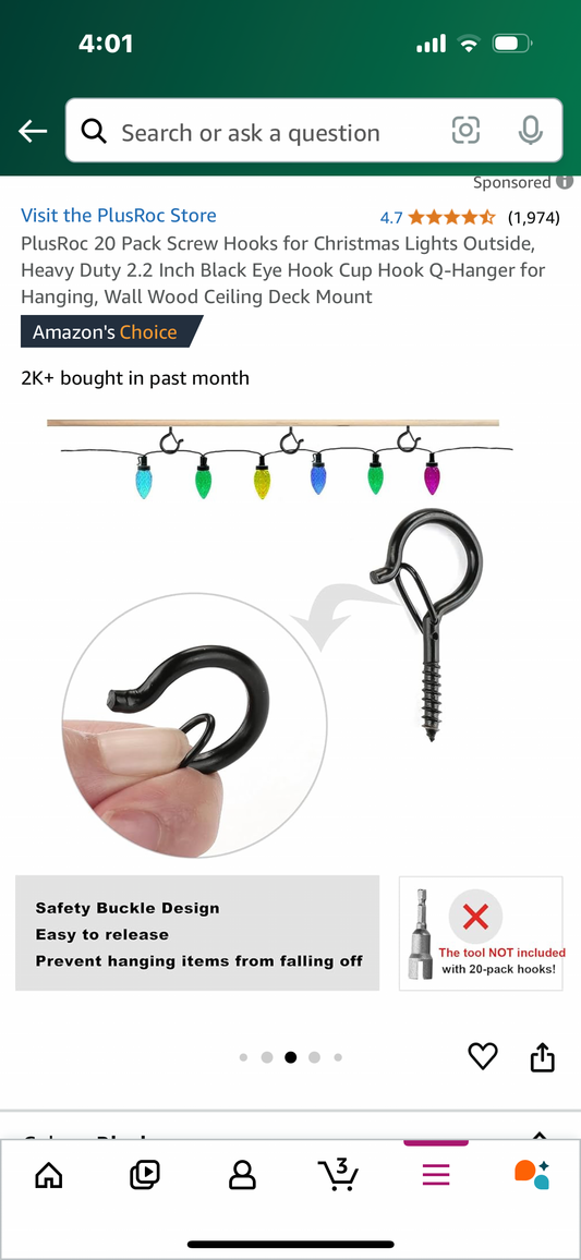 PlusRoc 20 Pack Screw Hooks for Christmas Lights Outside, Heavy Duty 2.2 Inch Black Eye Hook Cup Hook Q-Hanger for Hanging, Wall Wood Ceiling Deck Mount