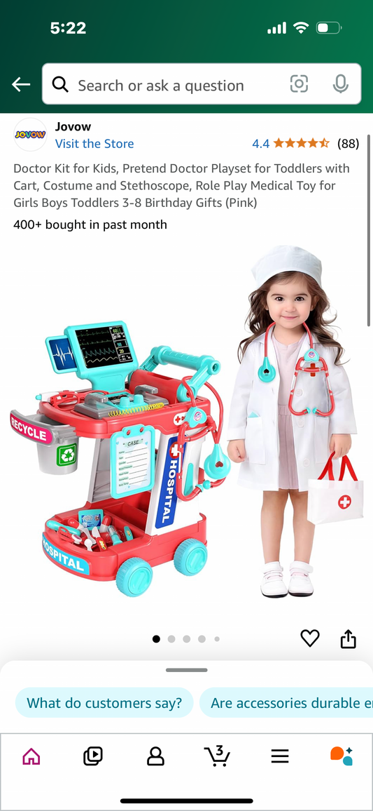 Doctor Kit for Kids, Pretend Doctor Playset for Toddlers with Cart, Costume and Stethoscope, Role Play Medical Toy for Girls Boys Toddlers 3-8 Birthday Gifts (Pink