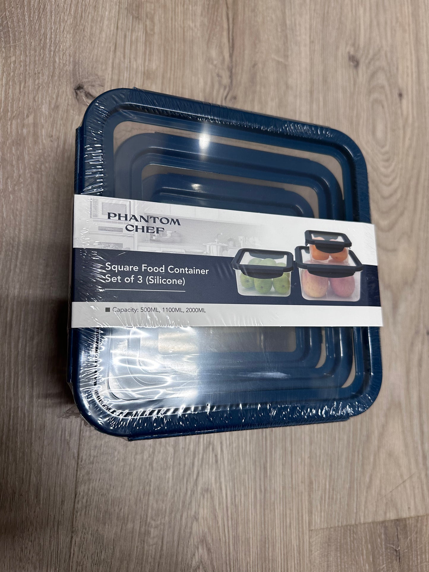 Phantom Chef - Square Food Container Set of 3, Silicone Lids Capacity 500ml, 1100ml, 2000ml