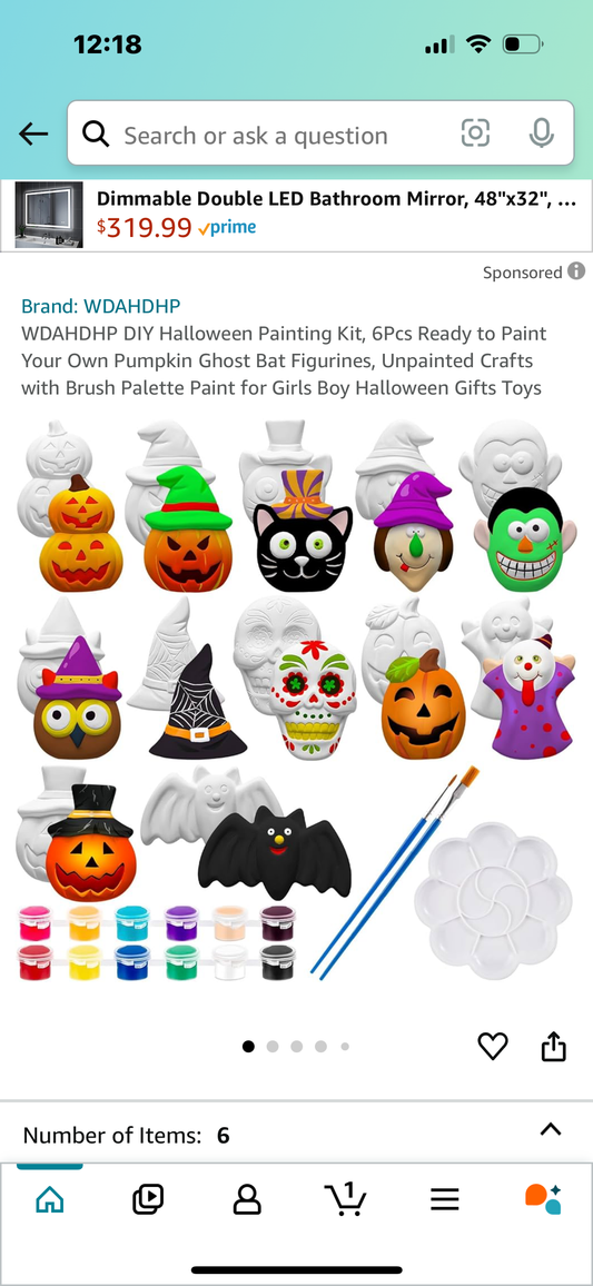 DIY Halloween Painting Kit, 6Pcs Ready to Paint Your Own Pumpkin Ghost Bat Figurines, Unpainted Crafts with Brush Palette Paint for Girls Boy Halloween Gifts Toys