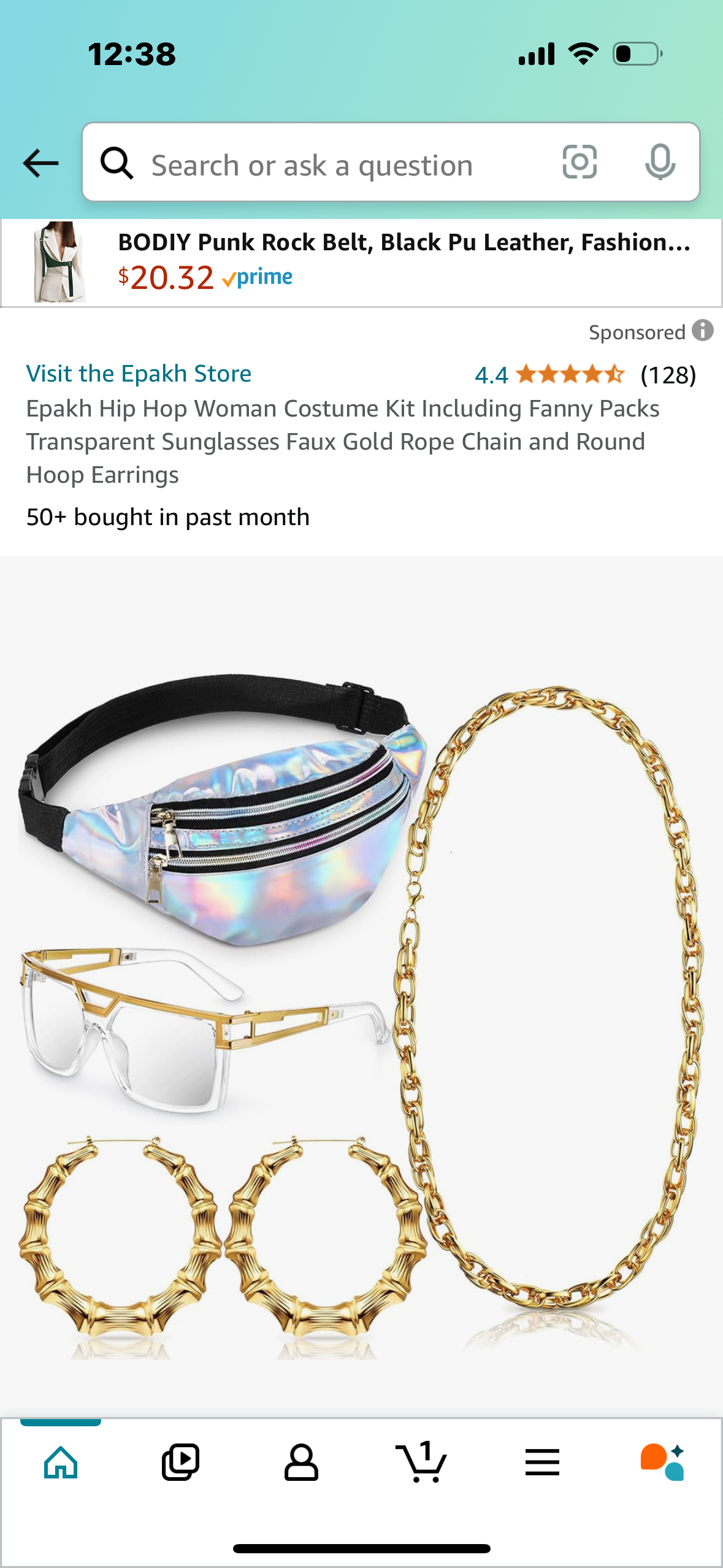 Hip Hop Woman Costume Kit Including Fanny Packs Transparent Sunglasses Faux Gold Rope Chain and Round Hoop Earrings