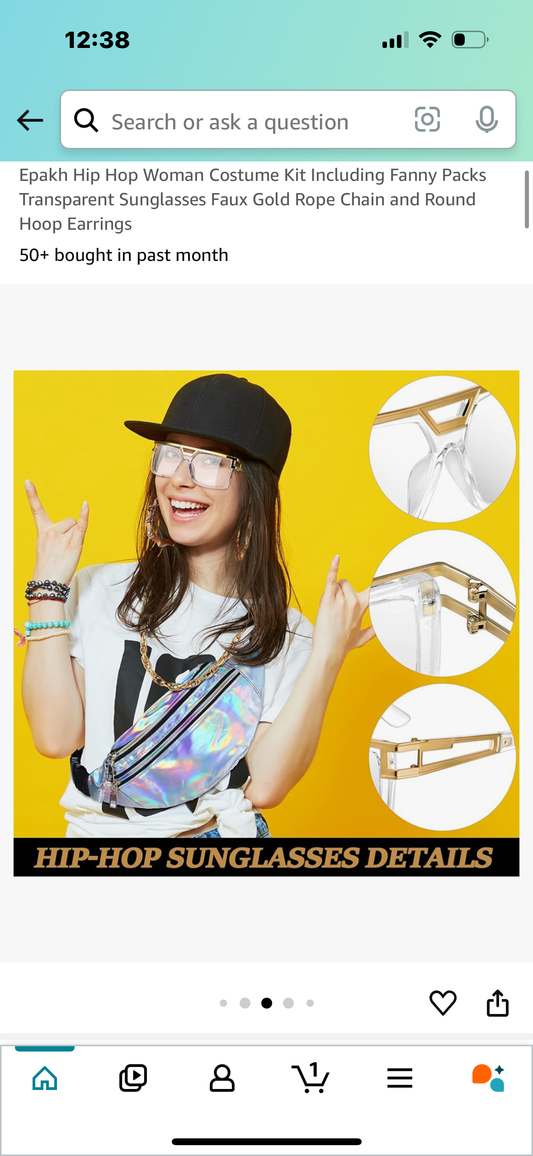 Hip Hop Woman Costume Kit Including Fanny Packs Transparent Sunglasses Faux Gold Rope Chain and Round Hoop Earrings