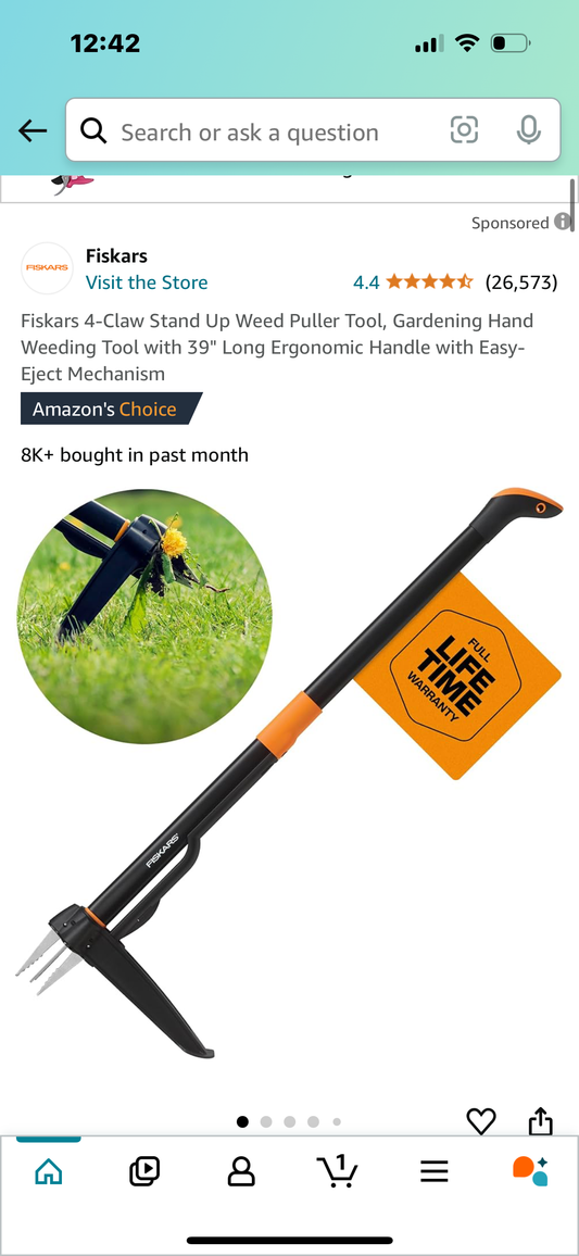 Fiskars 4-Claw Stand Up Weed Puller Tool, Gardening Hand Weeding Tool with 39" Long Ergonomic Handle with Easy-Eject Mechanism