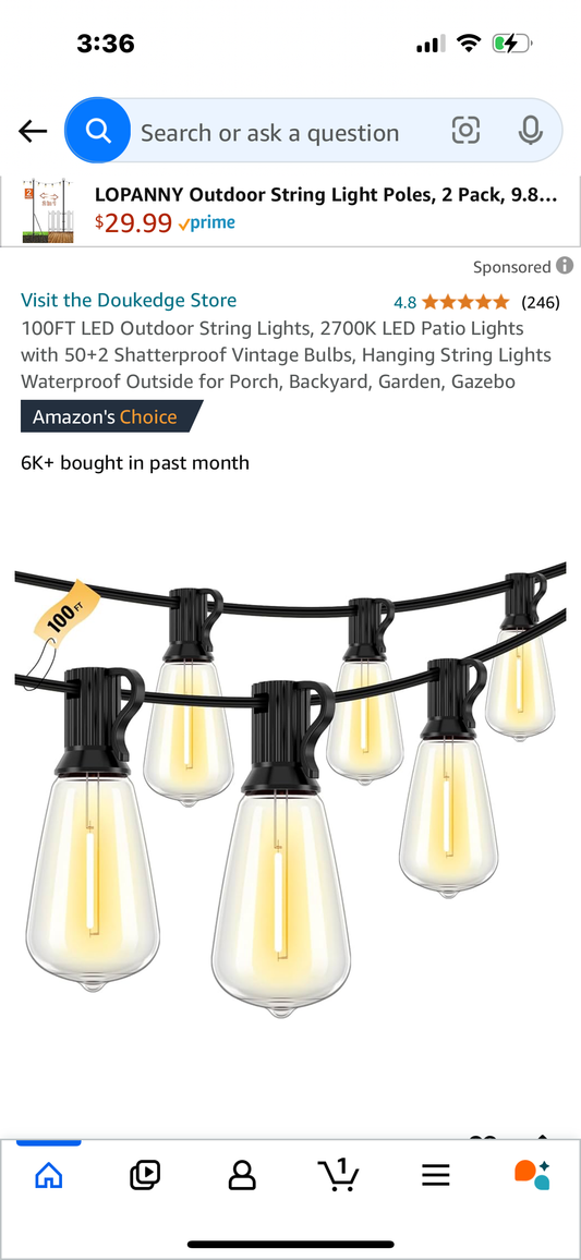 100FT LED Outdoor String Lights, 2700K LED Patio Lights with 50+2 Shatterproof Vintage Bulbs, Hanging String Lights Waterproof Outside for Porch, Backyard, Garden, Gazebo