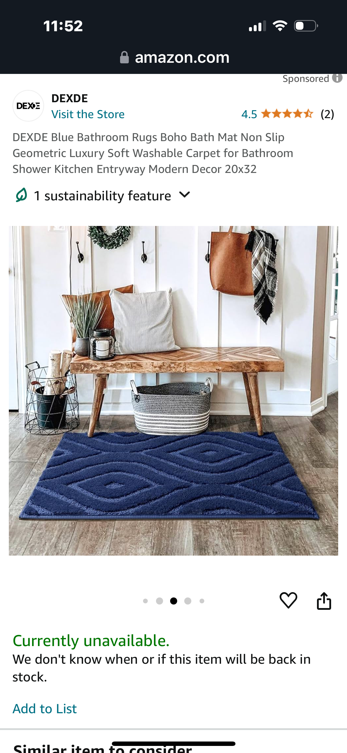 DEXDE Blue Bathroom Rugs Boho Bath Mat Non Slip Geometric Luxury Soft Washable Carpet for Bathroom Shower Kitchen Entryway Modern Decor 20x32