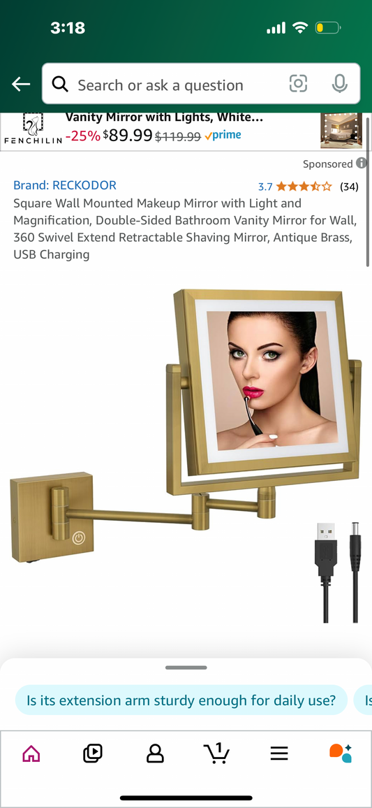 Square Wall Mounted Makeup Mirror with Light and Magnification, Double-Sided Bathroom Vanity Mirror for Wall, 360 Swivel Extend Retractable Shaving Mirror, Antique Brass, USB Charging