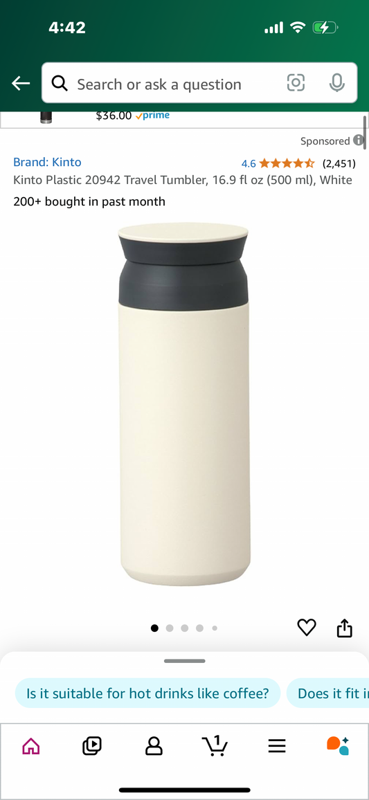 Kinto Travel Tumbler, 16.9 fl oz (500 ml), White