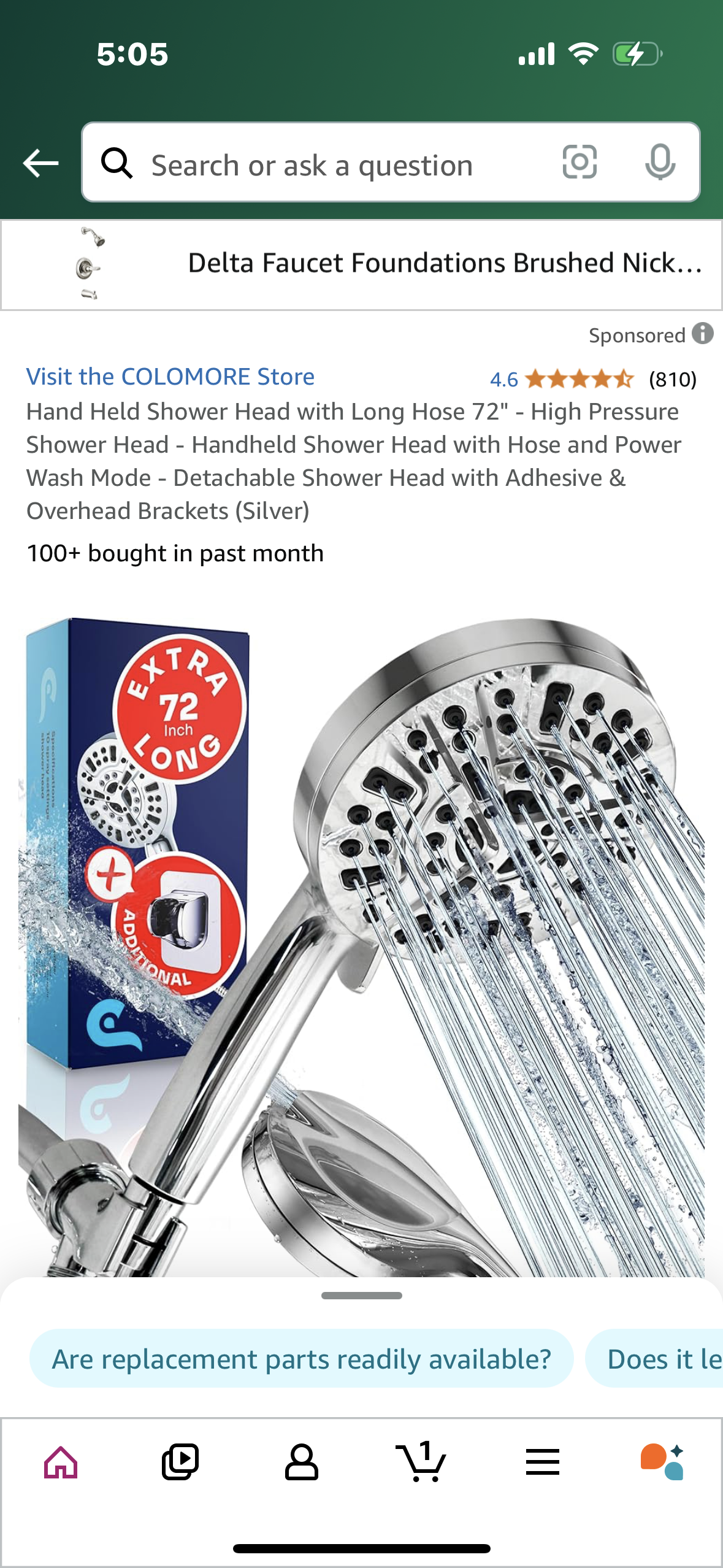 Hand Held Shower Head with Long Hose 72" - High Pressure Shower Head - Handheld Shower Head with Hose and Power Wash Mode - Detachable Shower Head with Adhesive & Overhead Brackets (Silver)