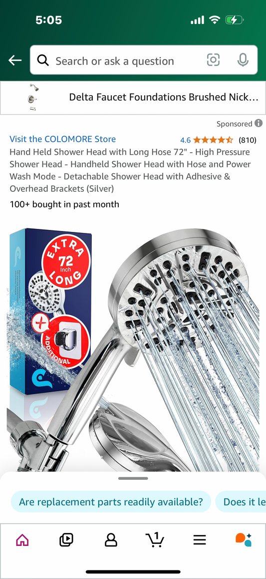 Hand Held Shower Head with Long Hose 72" - High Pressure Shower Head - Handheld Shower Head with Hose and Power Wash Mode - Detachable Shower Head with Adhesive & Overhead Brackets (Silver)