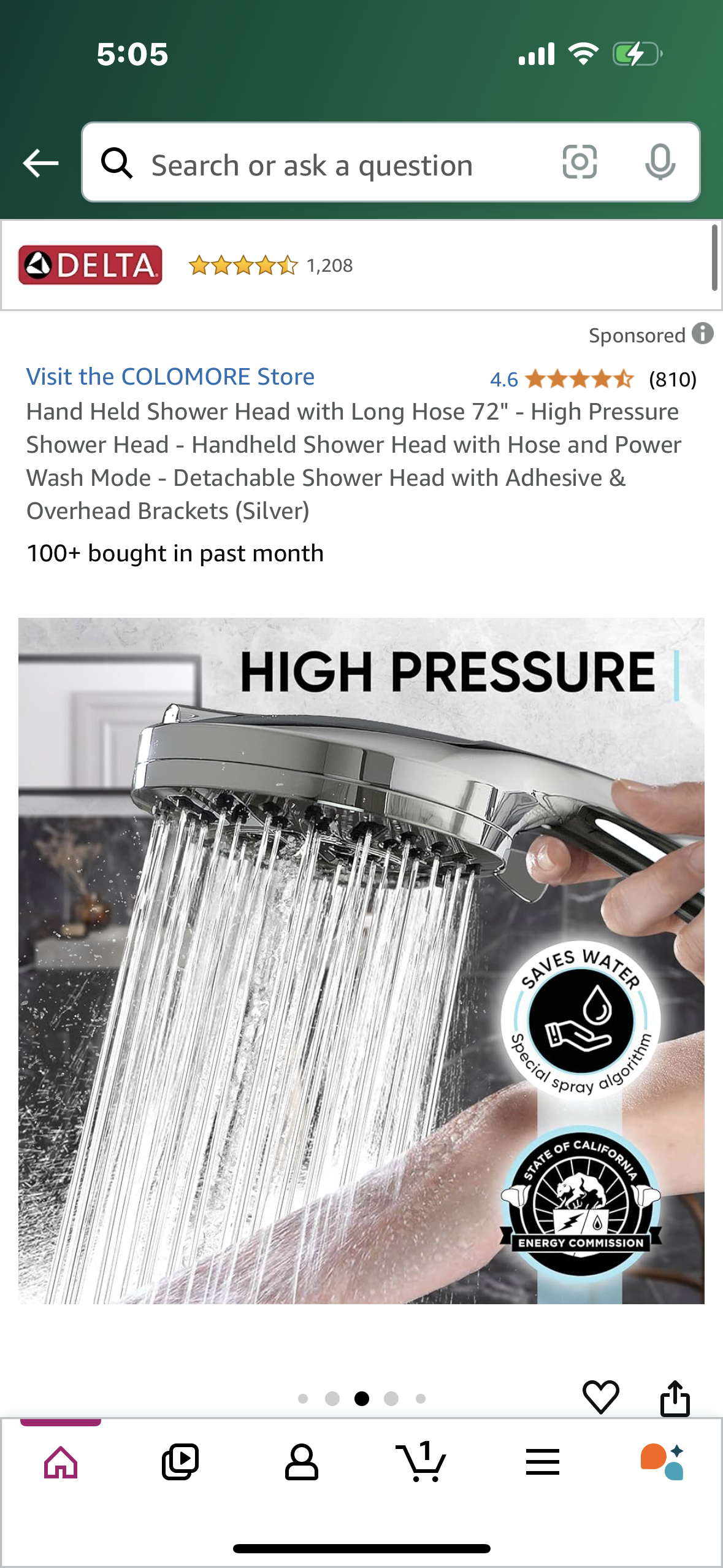 Hand Held Shower Head with Long Hose 72" - High Pressure Shower Head - Handheld Shower Head with Hose and Power Wash Mode - Detachable Shower Head with Adhesive & Overhead Brackets (Silver)