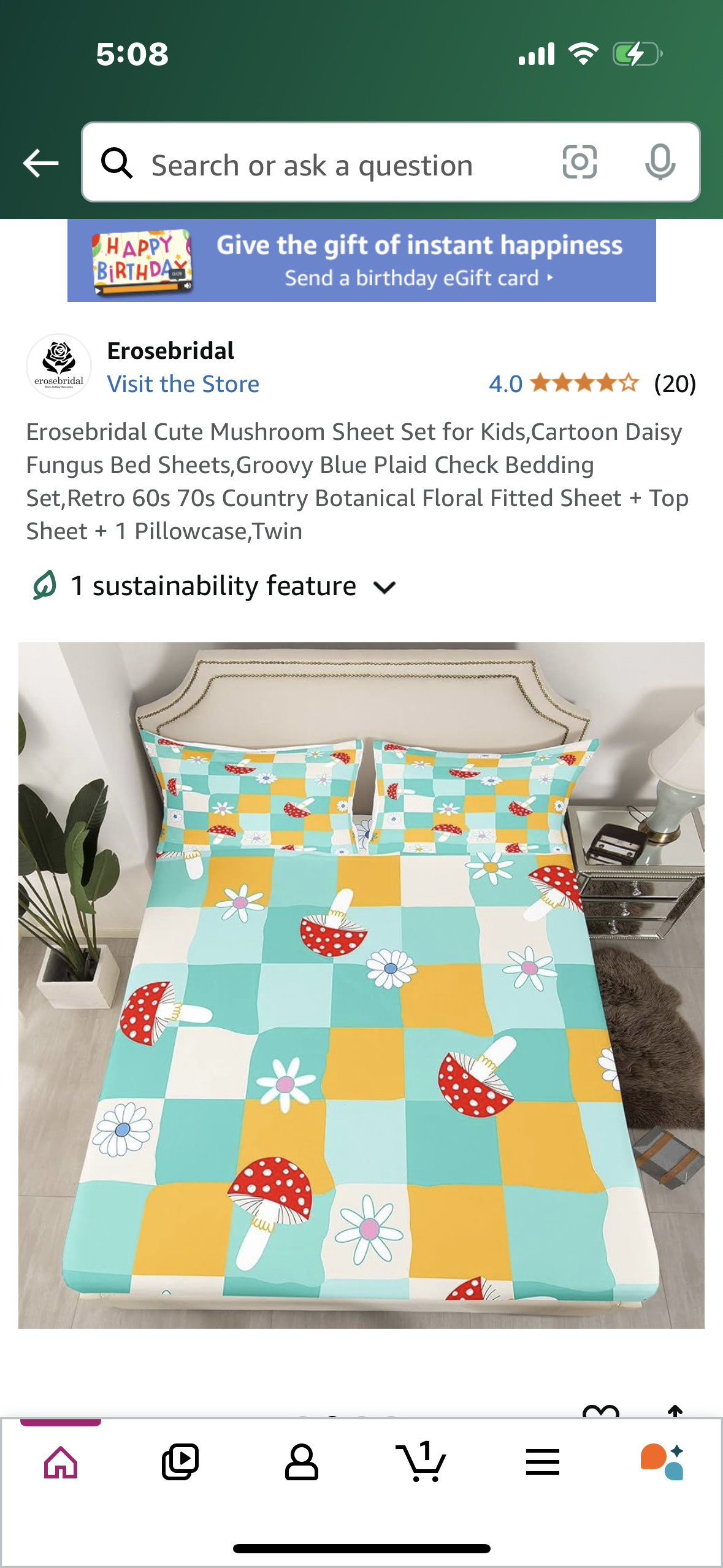 Erosebridal Cute Mushroom Sheet Set for Kids,Cartoon Daisy Fungus Bed Sheets,Groovy Blue Plaid Check Bedding Set,Retro 60s 70s Country Botanical Floral Fitted Sheet + Top Sheet + 1 Pillowcase,Twin