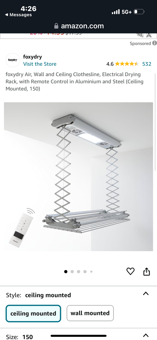 foxydry Air, Wall and Ceiling Clothesline, Electrical Drying Rack, with Remote Control in Aluminium and Steel (Ceiling Mounted, 150)