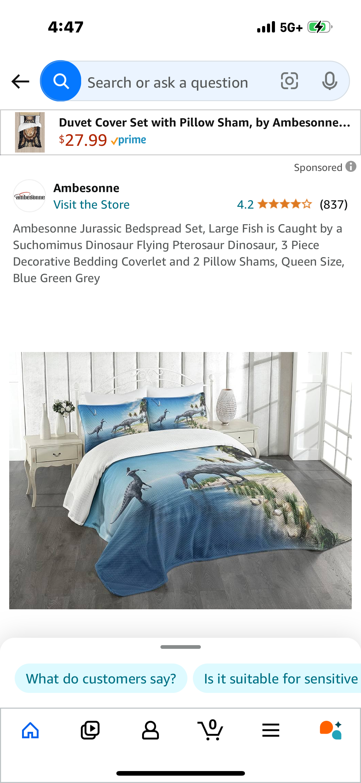 Ambesonne Jurassic Bedspread Set, Large Fish is Caught by a Suchomimus Dinosaur Flying Pterosaur Dinosaur, 3 Piece Decorative Bedding Coverlet and 2 Pillow Shams, Queen Size, Blue Green Grey