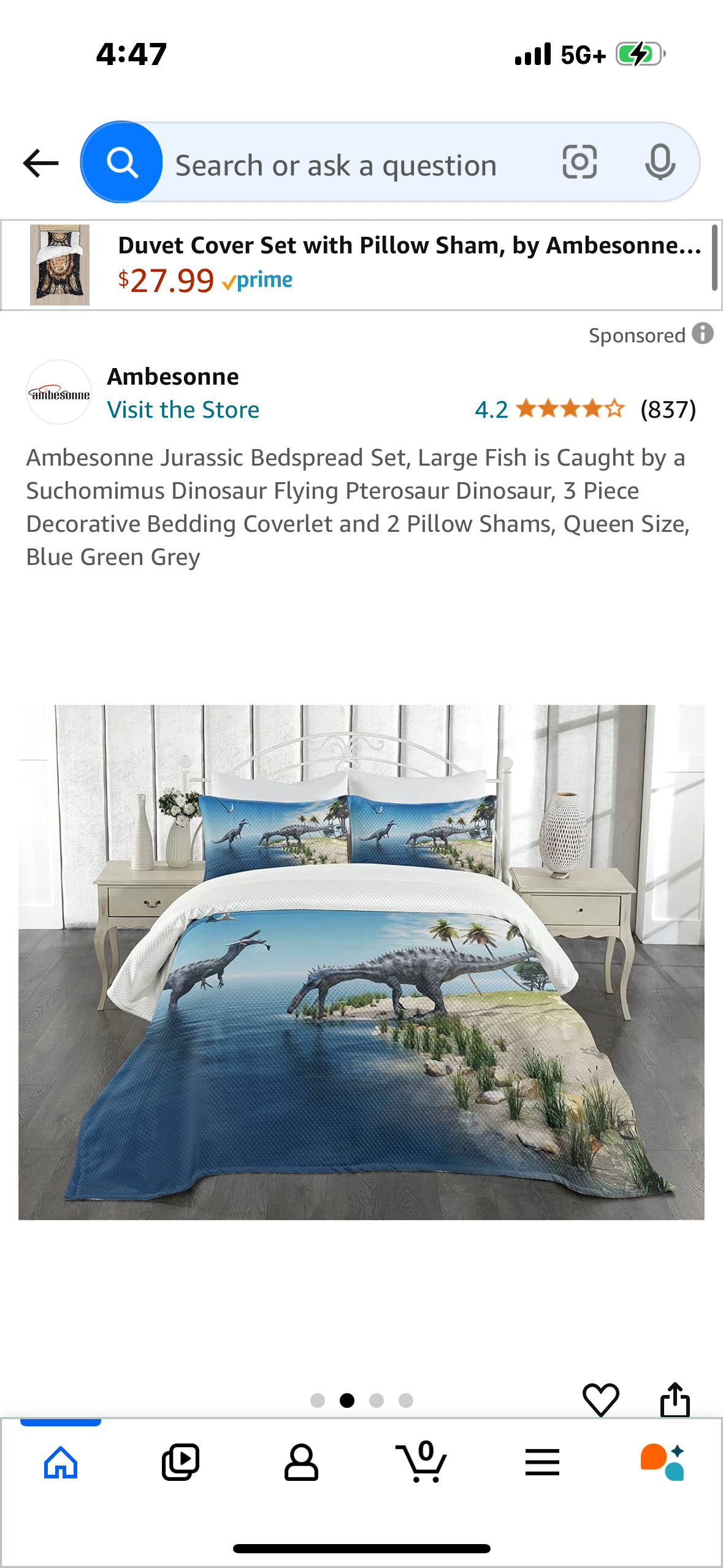 Ambesonne Jurassic Bedspread Set, Large Fish is Caught by a Suchomimus Dinosaur Flying Pterosaur Dinosaur, 3 Piece Decorative Bedding Coverlet and 2 Pillow Shams, Queen Size, Blue Green Grey