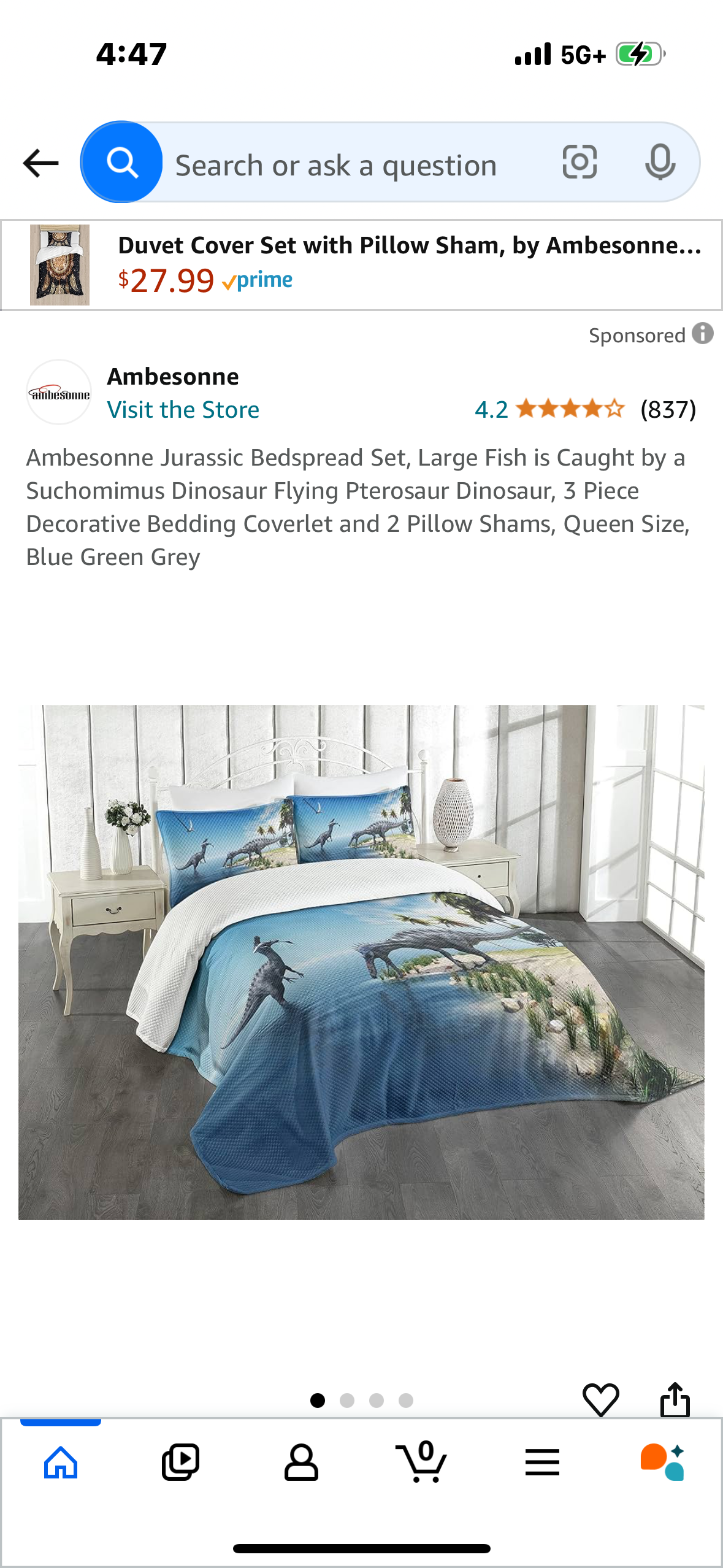 Ambesonne Jurassic Bedspread Set, Large Fish is Caught by a Suchomimus Dinosaur Flying Pterosaur Dinosaur, 3 Piece Decorative Bedding Coverlet and 2 Pillow Shams, Queen Size, Blue Green Grey