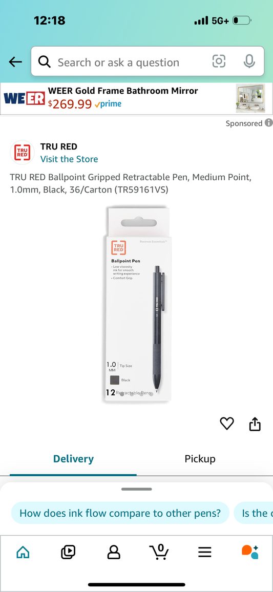 TRU RED Ballpoint Gripped Retractable Pen, Medium Point, 1.0mm, Black, 12 pack