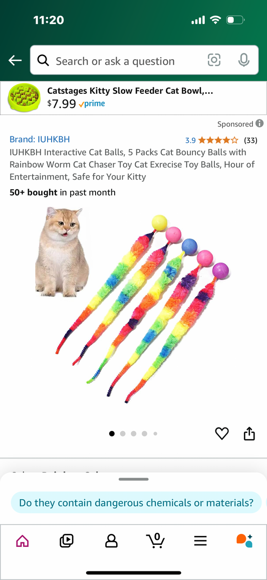 Interactive Cat Balls, 5 Packs Cat Bouncy Balls with Rainbow Worm Cat Chaser Toy Cat Exrecise Toy Balls, Hour of Entertainment, Safe for Your Kitty