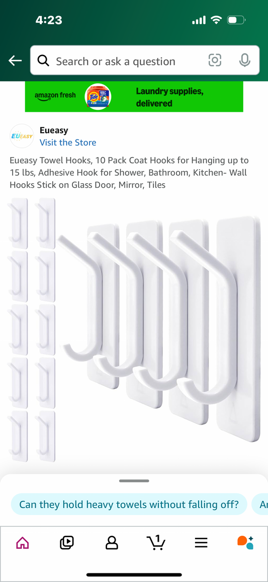 Eueasy Towel Hooks, 10 Pack Coat Hooks for Hanging up to 15 lbs, Adhesive Hook for Shower, Bathroom, Kitchen- Wall Hooks Stick on Glass Door, Mirror, Tiles