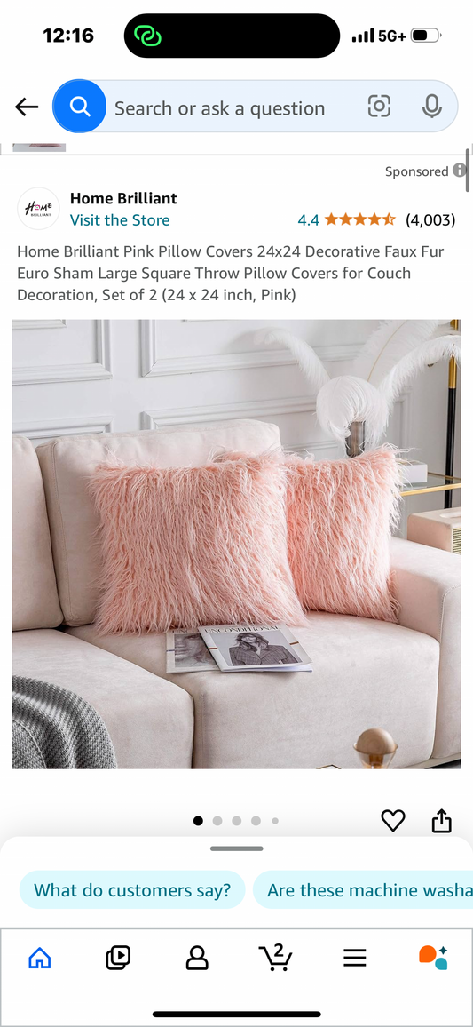 Home Brilliant Pink Pillow Covers 24x24 Decorative Faux Fur Euro Sham Large Square Throw Pillow Covers for Couch Decoration, Set of 2 (24 x 24 inch, Pink