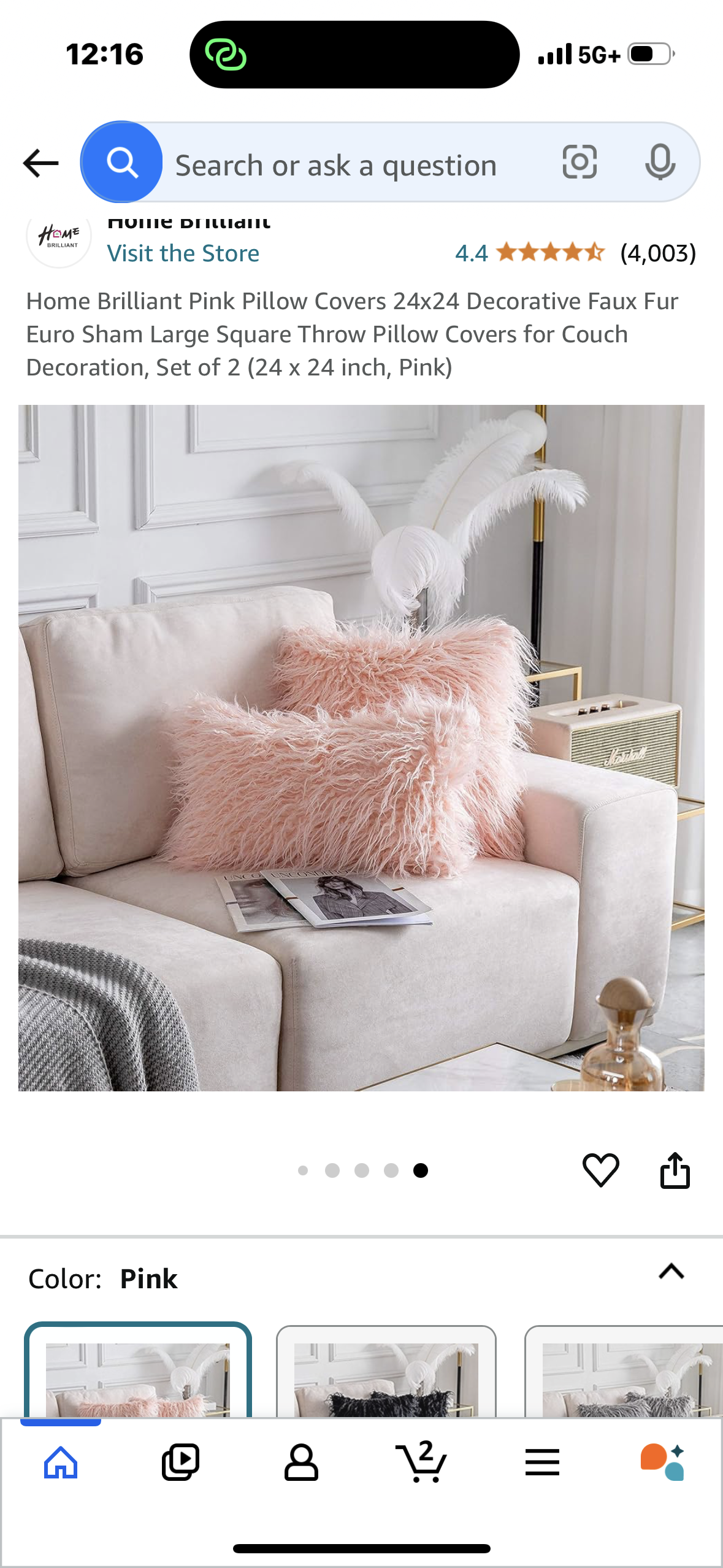 Home Brilliant Pink Pillow Covers 24x24 Decorative Faux Fur Euro Sham Large Square Throw Pillow Covers for Couch Decoration, Set of 2 (24 x 24 inch, Pink