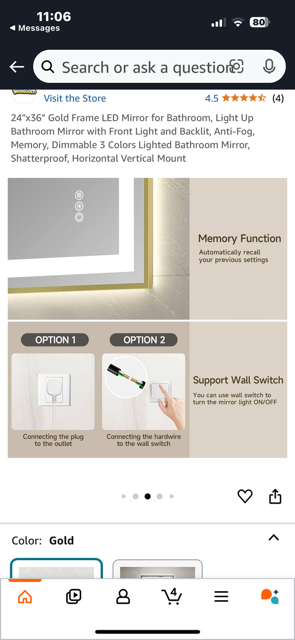 Rectangular Gold Frame LED Mirror 24" x 36"