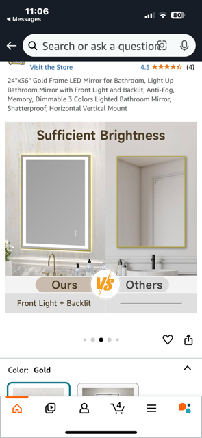 Rectangular Gold Frame LED Mirror 24" x 36"