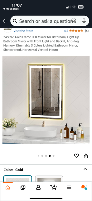 Rectangular Gold Frame LED Mirror 24" x 36"