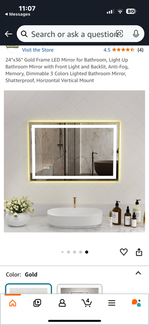 Rectangular Gold Frame LED Mirror 24" x 36"